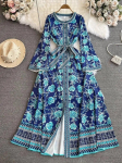 Suvepuhkuse etnilise stiiliga lilleline lavendlikleit moslemitest naistele pikkade varrukatega lillemustriga pitsiline v&ouml;&ouml; rannamantel S sinine