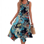 Naiste vabaaja moodne &uuml;mara kaelusega varrukateta ebaregulaarse all&auml;&auml;rega lillemustriga midikleit L sinine