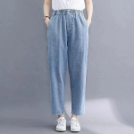 Naised Plus Size teksad p&uuml;ksid k&otilde;rge v&ouml;&ouml;kohaga lahtised teksariidest naiste elastsed v&ouml;&ouml;kohad, kevadised taskud p&uuml;ksid XXXXXL sinine