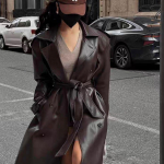 Retro keskmise pikkusega Pu-nahast pikk jakk naiste avar tuulejope S pruun