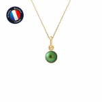 PERLINEA - Pendentif - V&eacute;ritable Perle de Culture d'Eau Douce Bouton 6-7 mm Vert - Or Jaune - Cha&icirc;ne Offerte - Bijoux Femme
