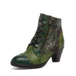 Johnature Vintage lillelised ehtsast nahast lapiga needi k&auml;sitsi valmistatud k&otilde;rge kontsaga naiste l&uuml;hikesed saapad 37 roheline