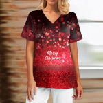 Women's fashionable Christmas printed short sleeved V-neck top with small pockets T-shirt XXL
