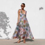 Naiste Boho lilleline varrukateta rannakleit, suvine s&uuml;gav V-kaelusega maksikleit vabaaja smocked Flowy A-Line p&auml;ikesedressi pikad kleidid naistele S punane