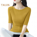 Naiste topid Slim Fit &uuml;hev&auml;rviline soonikkoes T-s&auml;rk &uuml;mara kaelusega poolpikkade varrukatega elastne pullover-top igap&auml;evaseks kandmiseks khaki