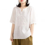 Women Tops V-Neck Short Sleeve Embroidery Flower Pattern Pullover Tops Solid Color Loose Fit Casual T-shirt Daily Wear L punane