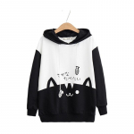 Must valge tikkusega Pullover Hoodie Naiste Kapuutsiga Kassi Armas Puuvillane Pusa Topid Kirjaga Kawaii Anime Suurem&otilde;&otilde;tmeline kapuuts S must