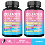 Kollageenpeptiidi kapslid, mis sisaldavad biotiini, keratiini, C-vitamiini, E-vitamiini, tsinki, magneesiumi ja toetavad naha tervist. 120*2