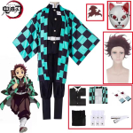 Anime Tanjirou Kamado Cosplay Demon Slayers Kimetsu no Yaiba Cosplay Kost&uuml;&uuml;m Parukas Mask Kimono Keep halloween &Uuml;htne T&auml;iskasvanud Lapsed Kids 150 beež