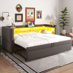Polsterdatud v&auml;ljat&otilde;mmatav diivanvoodi 90/180*190cm, Varustatud LED-valgustite, pistikupesade ja paljude panipaikadega, Multifunktsionaalne, &Uuml;heinimesevoodi, Tumehall. 211 x 199 x 80 cm tumehall v&auml;rv