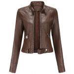 Naiste kunstnahast k&auml;rbitud jope PU Moto Biker Zip Up Mootorratas Slim Crop l&uuml;hike mantel Liibuvad &uuml;ler&otilde;ivad Mood vabaaja s&uuml;gise kevad bleiseriga varustus uus L pruun