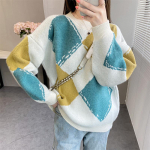 Vintage sviiter Oversize Argyle O-kaelusega pullover, avara s&uuml;gise kampsunid naistele Korea moe pikkade varrukatega kampsun one size must