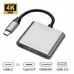 Kolm-&uuml;hes C-t&uuml;&uuml;pi jaotur HDMI USB 3.0 4K muunduri / alumiiniumkestadapteri USB C 3.1 jaoturiga