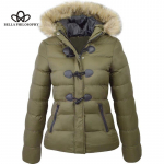 Euroopa Ameerika s&uuml;gistalvine puuvillase polsterdatud jakk Naiste l&uuml;hike kapuutsiga soe mantel sarvpandlaga Dekoratiivne naiste puuvillase polsterdatud mantel S kollane