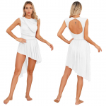 Naiste iluuisutamiskleit l&uuml;&uuml;riline tantsuetendus, varrukateta kivist &otilde;&otilde;nsa seljataga kost&uuml;&uuml;m, ebaregulaarne &auml;&auml;ris trikoo balletikleit valge