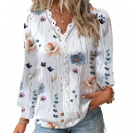 Top V kaela pits Patchwork Flower Print pikkade varrukatega lahtiselt pehme Colorfast 2XL valge