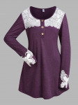 Rosegal Plus Size Butterfly Lace Panel Henley T-s&auml;rk L tume lavendli v&auml;rv