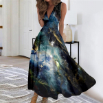 Naiste pikk kleit Maxi kleit vabaaja kleit Suvine vabaaja varrukateta V-kaelusega Boho v&ouml;&ouml;koha tagasit&otilde;mbega kleit tr&uuml;kiga L must