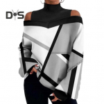 Naiste s&uuml;gistalvine kontrastsusega v&auml;rvitr&uuml;kiga topid, poolk&otilde;rge krae, k&uuml;lmade &otilde;ladega latern, pikkade varrukatega avara t-s&auml;rk L must valge v&auml;rv