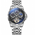Dulunwe Tourbillon Kella Meeste Automaatsed Kellad Helendavad Veekindlad Mehaanilised Kuufaasidega Roostevaba Teras/Nahk Meeste Randmekell Steel Strip must/h&otilde;be
