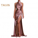 Naiste ballikleit, kaelus, kaelus &otilde;lgadest, varrukateta satiinist &otilde;htukleit, &otilde;huke istuvus, plisseeritud &uuml;hev&auml;rviline, k&otilde;rge l&otilde;hega p&otilde;randapikkusega maksikleit XS