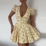 Naiste Sweetheart Style Suvised Seksikad Deep V l&uuml;hikeste varrukatega Midi plisseeritud lillelised mudelkleidid S