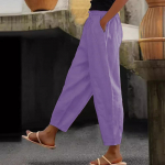 Uued naiste p&uuml;ksid puuvillast linasest &uuml;hev&auml;rvilised moodsed vabaaja igap&auml;evased k&uuml;ljetaskuga elastsed vabaajap&uuml;ksid naiste p&uuml;ksid 5XL lilla