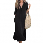 Suvekleit Kolmveerandvarrukatega k&uuml;lgl&otilde;hikuga avar V-kaelusega Midi-kleit taskutega &Uuml;hev&auml;rviline plisseeritud pullover s&auml;&auml;repikkusega vabaajakleit XL