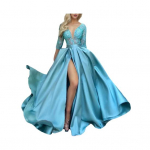 Seksikas s&uuml;gava V-kaelusega maksikleit naistele l&auml;bipaistva pitsist pikkade varrukatega k&otilde;rge l&otilde;hikuga kokteilikleit pidulik &otilde;htukleit S helesinine v&auml;rv