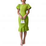 Naiste l&uuml;hikeste puhvvarrukatega kehasse liibuvad kleidid meeskonnakaelusega volangidega merineitsi l&otilde;ikega kleit kokteilikleit pulmak&uuml;lalise midi-kleit S roosa punane v&auml;rv