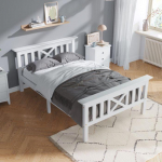Massiivpuust voodi - MUVOE - 90 x 200 cm - X-kujuline peats - Massiivpuust lippidest alus - Lihtne kokkupanek valge