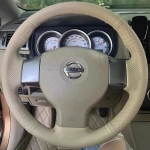 For Nissan Tiida Versa Note Livina Sylphy Hand Stitched non-slip Beige Leather Car Steering Wheel Cover 7