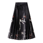 Hiina stiilis naiste maxi seelik k&otilde;rge v&ouml;&ouml;kohaga vintage seelik Elegantne lillelindude mustriga Hanfu seelik plisseeritud pitsiga hobuse n&auml;o seelik must