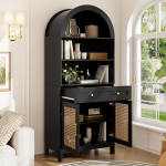 Kaasaegne kaarjas vitriin- ja panipaikkapp, 170 cm k&otilde;rge, rotangist uksed, 3 sektsiooni + 2 ust + 1 sahtel, must + puiduimitatsioon, 70 &times; 40 &times; 170 cm. 70 x 40 x 170 cm