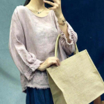 Johnature Autumn Vintage Mori &uuml;hev&auml;rvilised tutid vintage linasest naiste topid vabaaja kaelusega Batwing lahtised s&auml;rgid One Size lilla