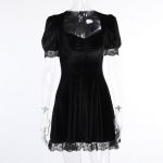 Gothic Dress y2k Black Dark Suede Square Neck Lace Edge Puff Sleeve Dress Autumn Winter Solid Color Short Skirt