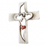 Nikerdatud puidust risti p&otilde;imunud s&uuml;dametega seinale riputatav k&auml;sitsi nikerdatud puidust rist elutoa t&ouml;&ouml;voodi jaoks