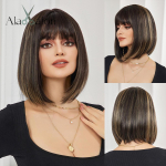 ALAN EATON Black Highlight Golden Bob parukad tukkidega L&uuml;hike sirge parukas Naturaalses segav&auml;rvis juuksed naistele S&uuml;nteetiline parukas igap&auml;evaseks peoks