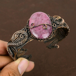 Natural Rhodonite Gemstone Handmade Copper Wire Wrap Bangle Adjustable i2f75