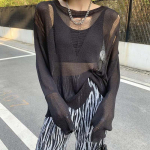 Y2K Black Ice Silk Hollow &otilde;huke sviiter naiste pikkade varrukatega p&auml;ikesekaitse topp Uus seksikas lahtine kintwear rebenenud pluus Punk stiilis pulloverid S khaki