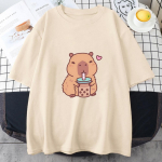 Capybara Loves Drinking Bubble Tea T-s&auml;rk 100% puuvillane suveriided vabaaja naiste/meeste Kawaii ts&auml;rk Armsad t&uuml;drukute s&auml;rgid mood S khaki