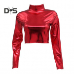 Naiste klubitop l&auml;ikiv kunstnahast poolk&otilde;rge krae &uuml;hev&auml;rviline v&ouml;&ouml;kohaga paljastatud pikkade varrukatega k&otilde;hn pullover Elastne &ouml;&ouml;klubi Stage Show peo T-s&auml;rk XL sinine/lilla