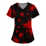 Naiste mood V-kaelusega l&uuml;hikeste varrukatega taskuga Halloweeni tr&uuml;kitud T-s&auml;rgi topp XXL punane