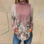 Naiste moodne vabaaja k&otilde;rge kaelusega tr&uuml;kitud pikkade varrukatega T-s&auml;rk, pullover L sinine