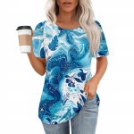 Naiste moodne vabaaja l&uuml;hikeste varrukatega printitud &uuml;mara kaelusega pullover L sinine