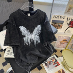 Suvine naiste pestud ja vanandatud l&uuml;hikeste varrukatega Vintage Butterfly T-s&auml;rk M must