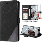 Lot de 2 Verres Tremp&eacute;s+ Coque pour Xiaomi 12T - 12T Pro Int&eacute;grale Anti-Rayure Effet Cuir Noir
