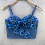 Denim Kala-luu Strapless L&uuml;hike Tank Top Sisseehitatud Polstriga ja Lillelise Disainiga Pealisr&otilde;iva Aluskiht Halter Kaelus Prantsuse P&auml;rlitega Kaunistatud Top Camis 34/75 tumesinine