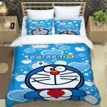 Doraemon Anime Seeria Voodipesukomplekt, Sisaldab Tekikotti ja Padjap&uuml;&uuml;re, 3-osaline Komplekt; Magamistoa sisustus 135x200cm blue