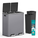 SONGMICS kahekordne pr&uuml;gikast, 2 x 8 gallonit (2 x 30 L) Metallist pr&uuml;gikast 15 pr&uuml;gikotiga, 2 sektsiooniga, kaanede, pedaalide ja plastist sisekorvidega hall v&auml;rv